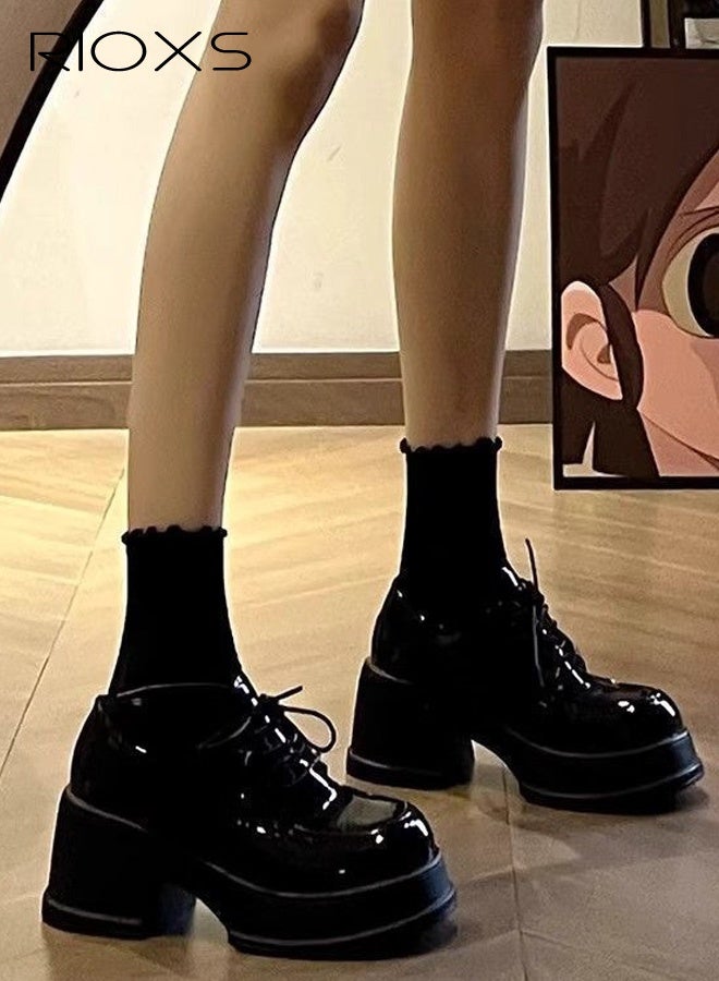 ريوكس حذاء نسائي سميك بكعب عالٍ من الجلد اللامع، حذاء أوكسفورد عصري بكعب عالٍ ورباط، حذاء مريح وناعم للارتداء اليومي، حذاء بكعب عالٍ ومقدمة مستديرة مانعة للانزلاق، مناسب للعمل والمناسبات الرسمية والمواعيد الغرامية والتخييم والارتداء اليومي وغير ذلك، لون أسود - Image 4